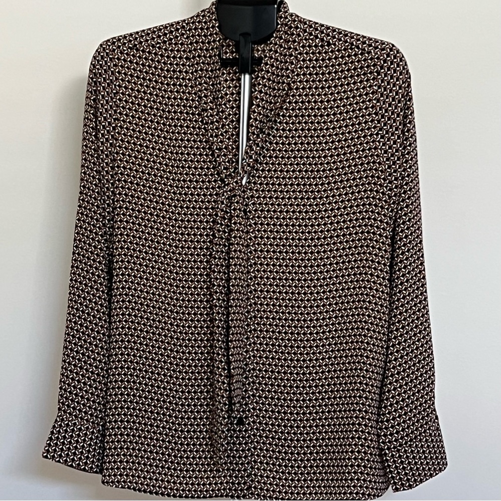 Ann Taylor Women’s Black/Brown/White Geometric Button Down W/Tie Top Size Large